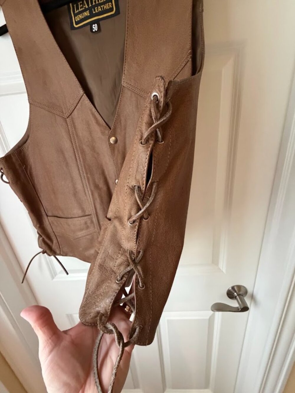 Hudson Leather Vintage Motorcycle Vest Brown Tan Side Lace Western Biker 50 - Picture 3 of 8